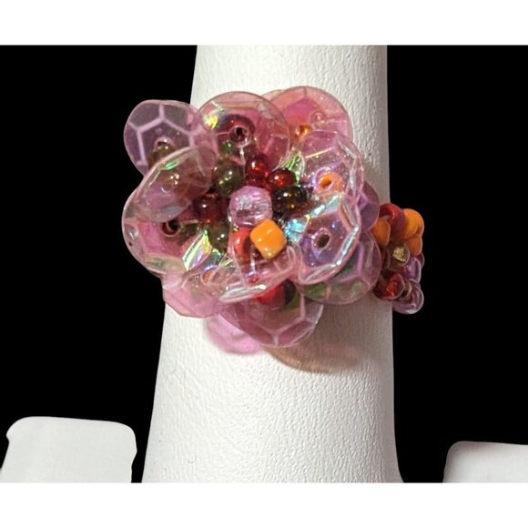 Handmade Fairycore Glass And Sequin Beaded Floral Stretch Ring Size 8 - Picture 3 of 7